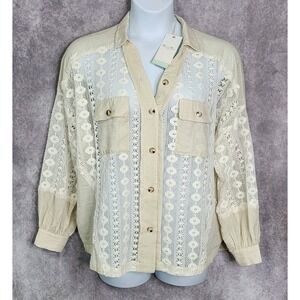 Miss Me Crochet Lace Blouse Medium Boho Eyelet Embroidered Beige‎ IvoryButton Up